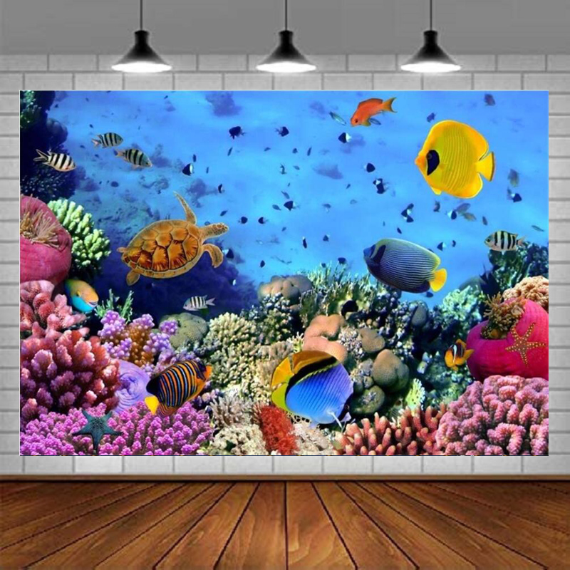 Aquarium Marine World - ฉากหลังการถ่ายภาพโลกใต้ทะเล ทิวทัศน์ใต้น้ำ สีสันสดใสของปะการังและปลาทะเล พื้นหลังตู้ปลา วันหยุดดำน้ำ